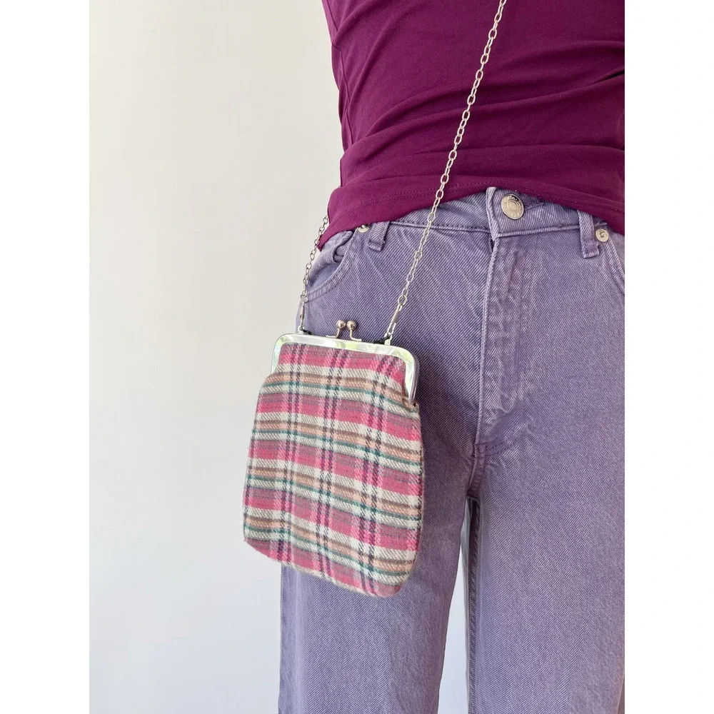 Nanette Lepore Crossbody Bag Pink Plaid Kiss Lock‎ Silver Chain Strap Small